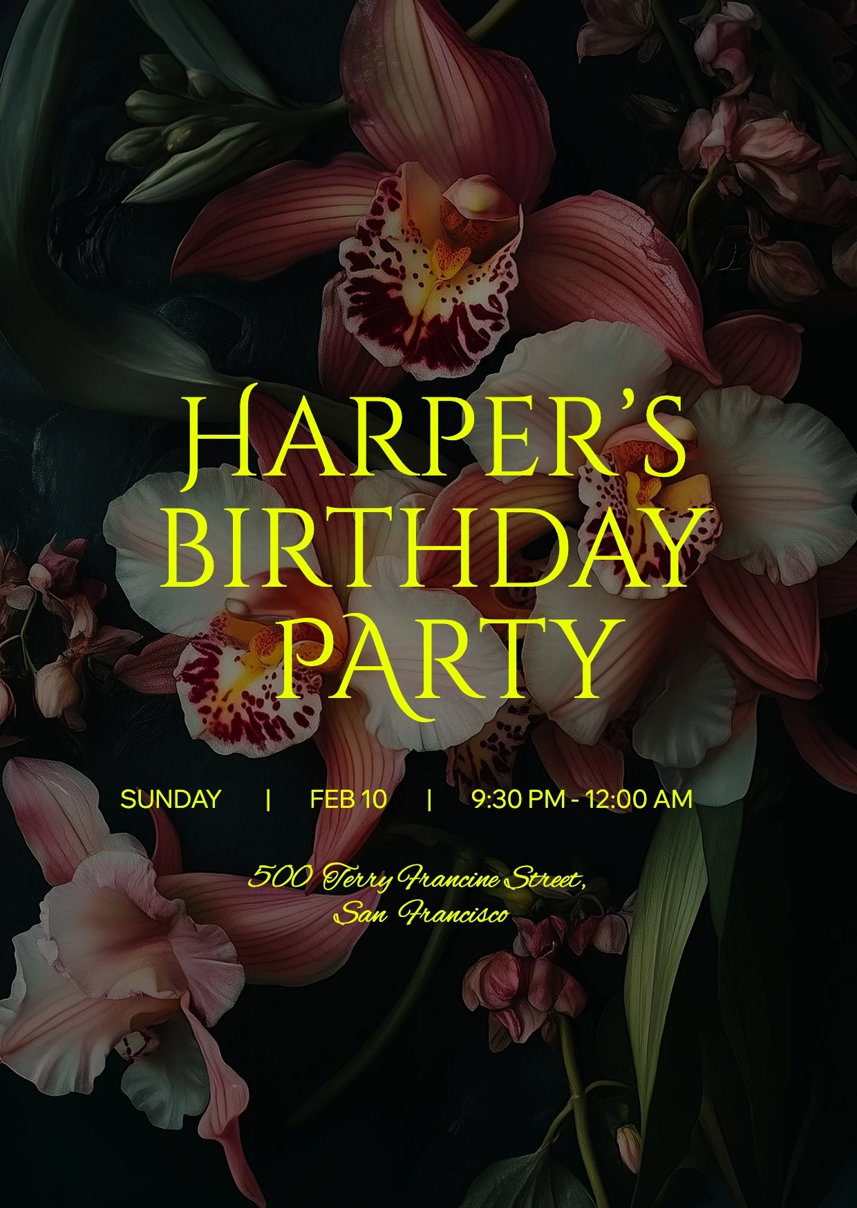 Elegant Floral Dark Birthday Invitation