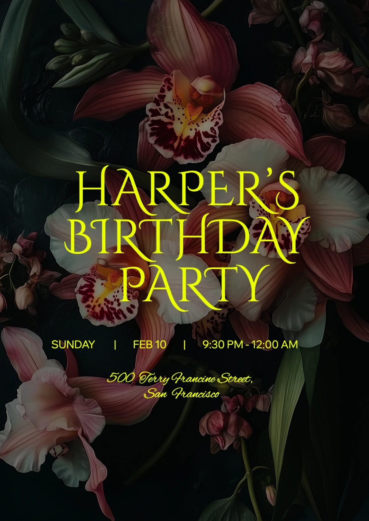 Elegant Floral Dark Birthday Invitation