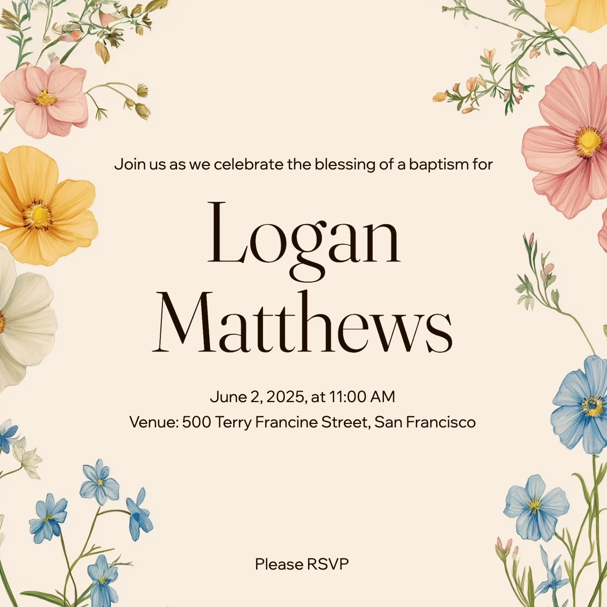 Vintage Floral Baptism Invitation